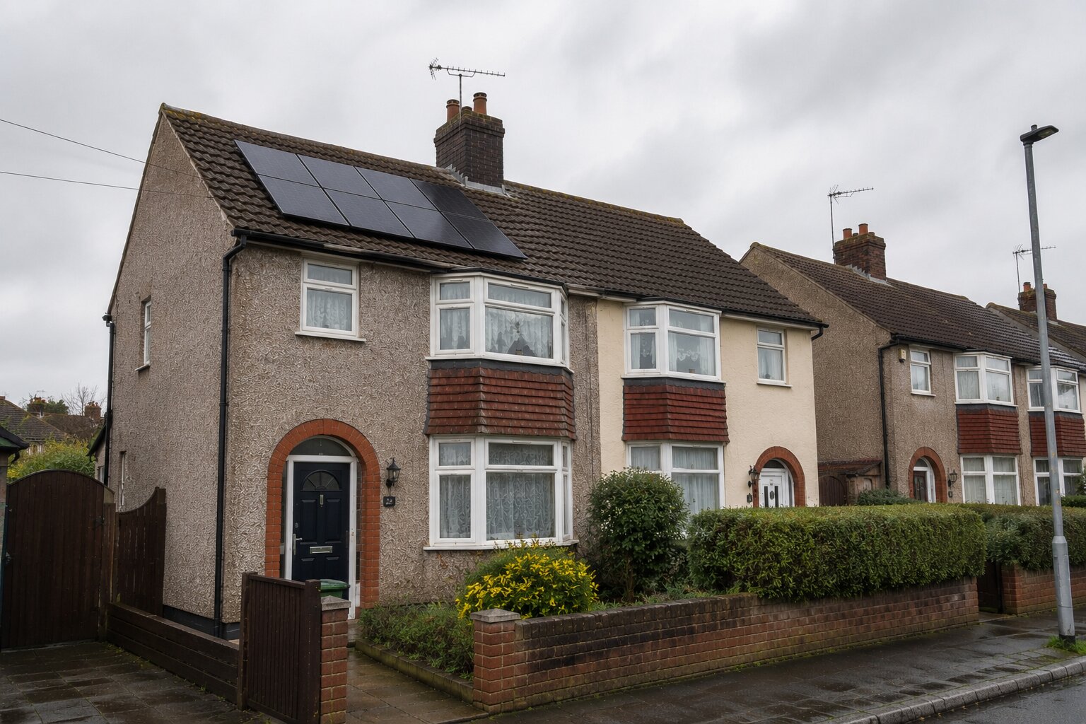 UK pebbledash semi-detached home with rooftop solar panels under overcast sky
